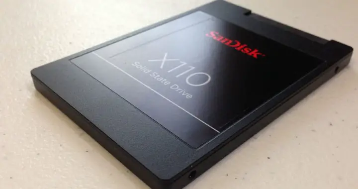 An image of an SSD or solid-state drive manufactured by SanDisk
