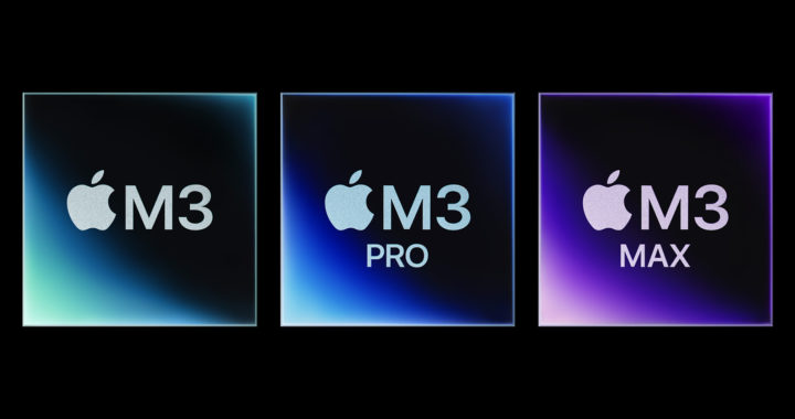 A graphical representation of the Apple M3 chips that include the base M3, Apple M3 Pro, and Apple M3 Max