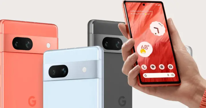 An image of the Google Pixel 7A smartphone in four color variants.