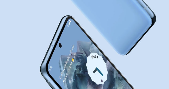 An image of the Google Pixel 8 Pro in the Bay Blue color variant.