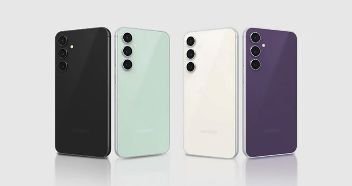 A graphical render of the Galaxy S23 FE in four color variations.